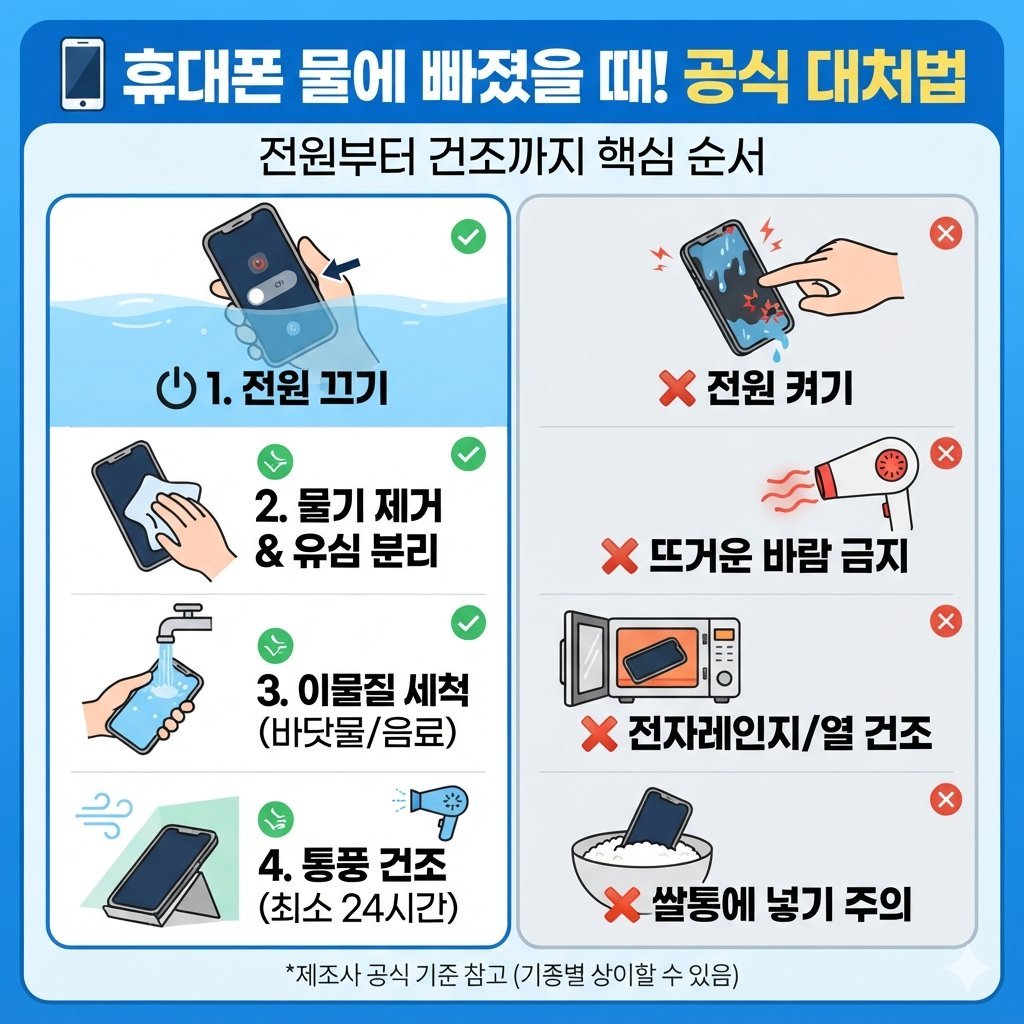 휴대폰 물에 빠졌을 때 전원부터 건조까지 대처 순서